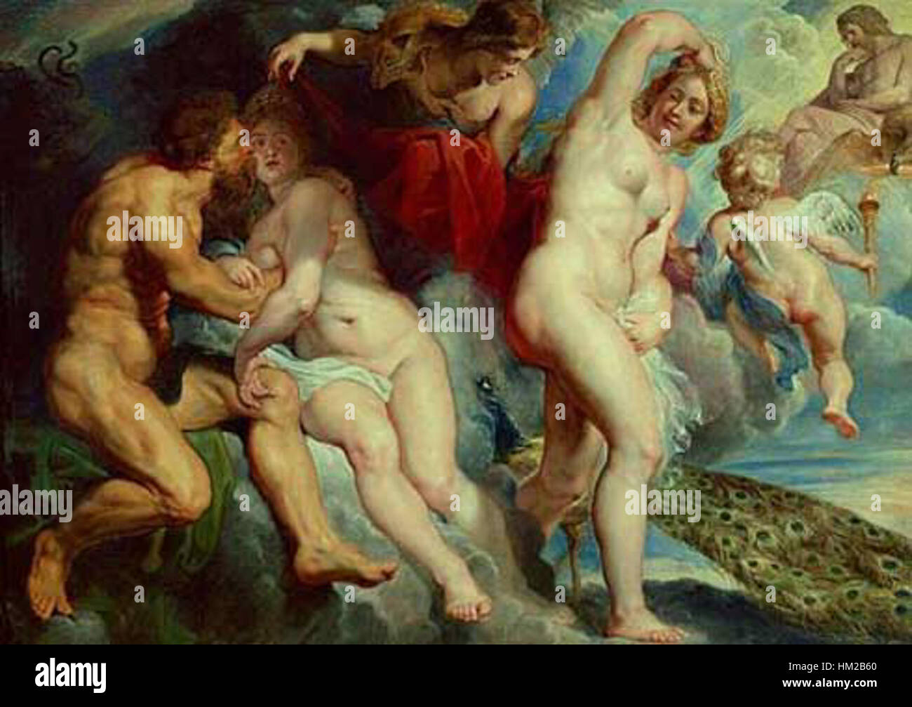 Dieses Gemälde mit dem Titel „Ixion und Nephele“ veranschaulicht die mythologische Geschichte von Ixion, einem König der Lapithen, und Nephele, der Wolkennymphe. Die Darstellung verwendet lebhafte Farben und dramatischen Stil, typisch für die griechische mythologische Kunst. Stockfoto