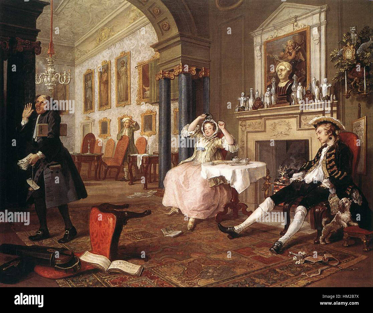 William Hogarths „Marriage A-la-Mode“ ist eine Serie satirischer Gemälde aus dem 18. Jahrhundert. Sie kritisiert die Ehe der Zweckmäßigkeit und stellt die Folgen solcher Gewerkschaften in einem humorvollen, aber moralistischen Ton dar. Stockfoto