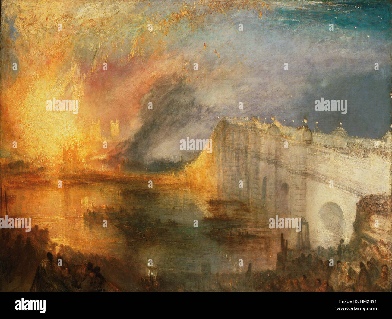 Dieses ikonische Gemälde von J.M.W. Turner fängt die dramatische und feurige Zerstörung der Houses of Parliament in London während des Feuers von 1834 ein und zeigt Turners Meisterschaft bei der Aufnahme von Licht und Chaos. Stockfoto