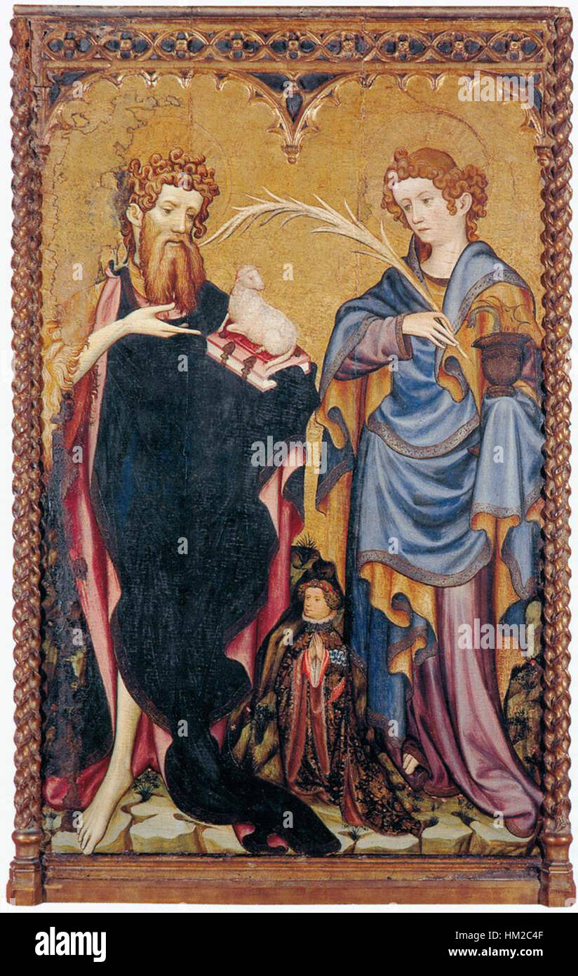 Joan Mates’ Gemälde von St. Johannes der Täufer und Johannes der Evangelist, begleitet von einem Spender, sind ein bedeutendes Beispiel religiöser Kunst aus der Renaissance, die religiöse Figuren und die Hingabe des Stifters zeigt. Stockfoto