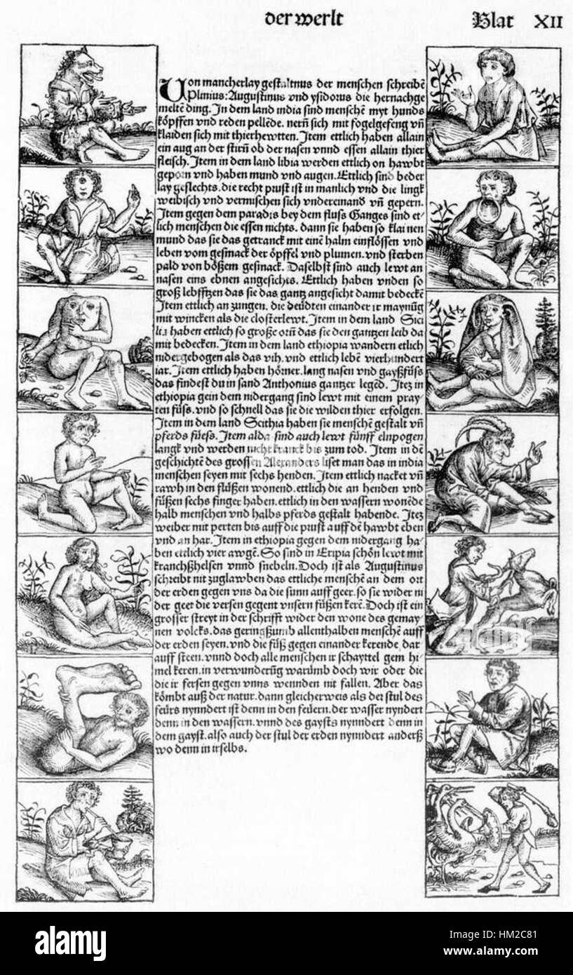 Die Nürnberger Chronik, 1493 von Hartmann Schedel geschaffen, ist eines der bedeutendsten Werke des Spätmittelalters. Blatt 12 zeigt Abbildungen anderer Nationen, die die Vielfalt der Welt im 15. Jahrhundert erfassen. Dieser Holzschnitt ist ein wichtiges Beispiel für Frühdruck und historische Dokumentation. Stockfoto