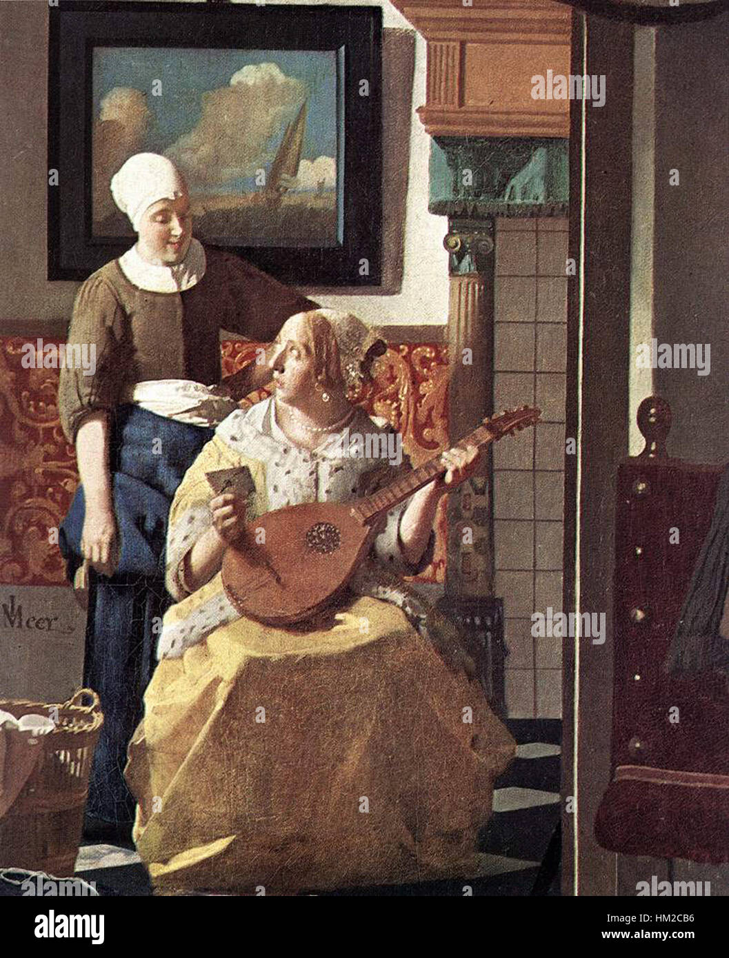 Dieses Detail aus Johannes Vermeers „The Love Letter“ zeigt seine unverkennbare Verwendung von Licht und satten Farben. Das Gemälde stellt einen privaten Moment zwischen zwei Figuren dar und fängt Intimität und emotionale Tiefe mit subtilen Texturen und stiller Eleganz ein. Stockfoto