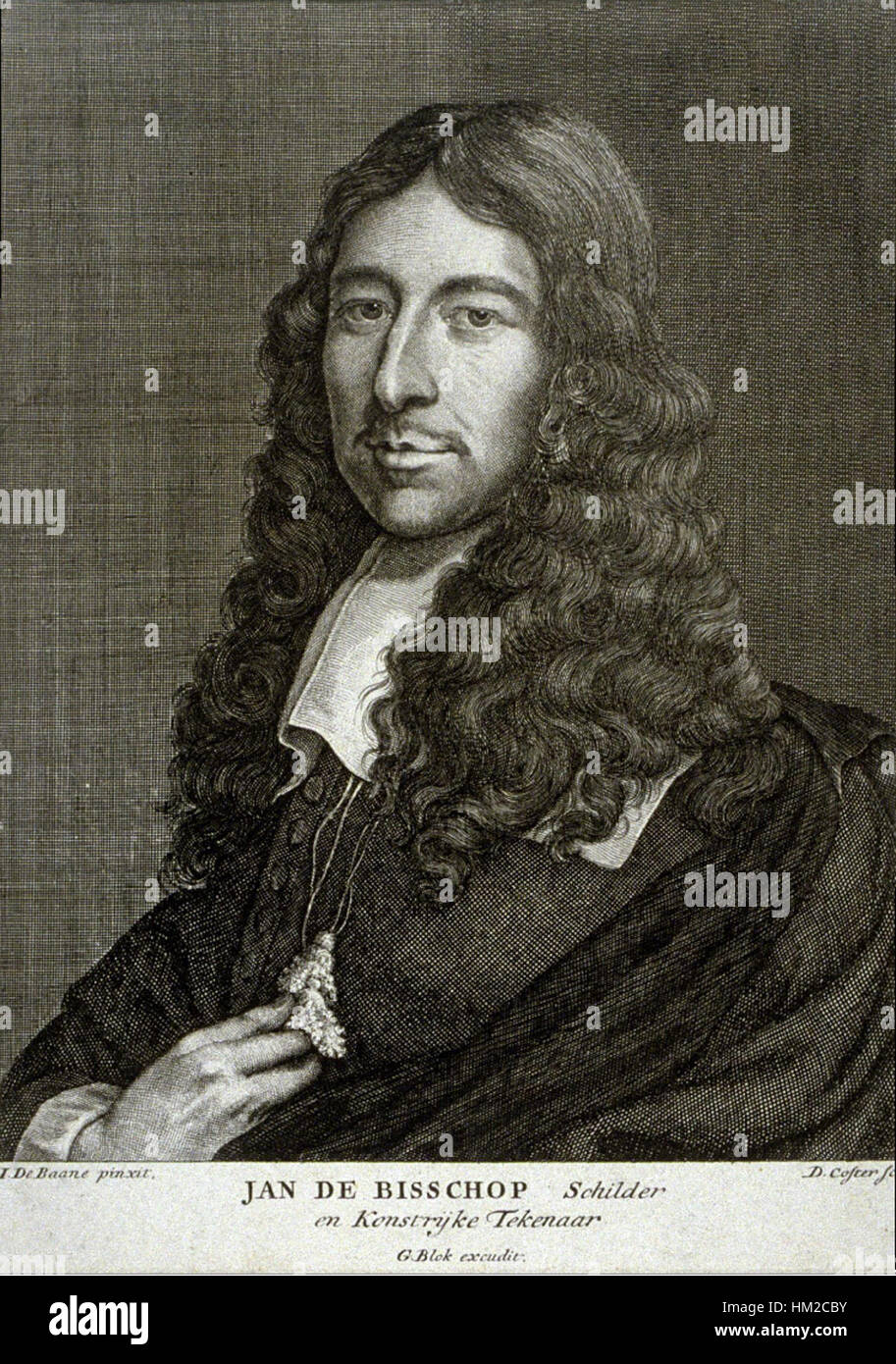 Dieser Stich von David Coster nach Jan de Baen fängt das detaillierte Porträt einer historischen Figur ein und zeigt de Baens Meisterschaft in der Porträtkunst. Es spiegelt niederländische Kunsttraditionen des 17. Jahrhunderts wider, wobei der Schwerpunkt auf Präzision und realistischer Darstellung liegt. Stockfoto