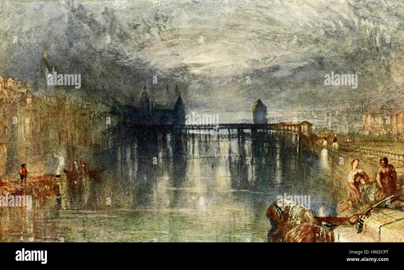Dieses Ölgemälde von J. M. W. Turner fängt die heitere Schönheit Luzerns unter einem Mondschein ein. Turners meisterhafte Verwendung von Licht und Schatten spiegelt seinen unverwechselbaren romantischen Stil wider und konzentriert sich auf die majestätische Kraft der Natur. Stockfoto