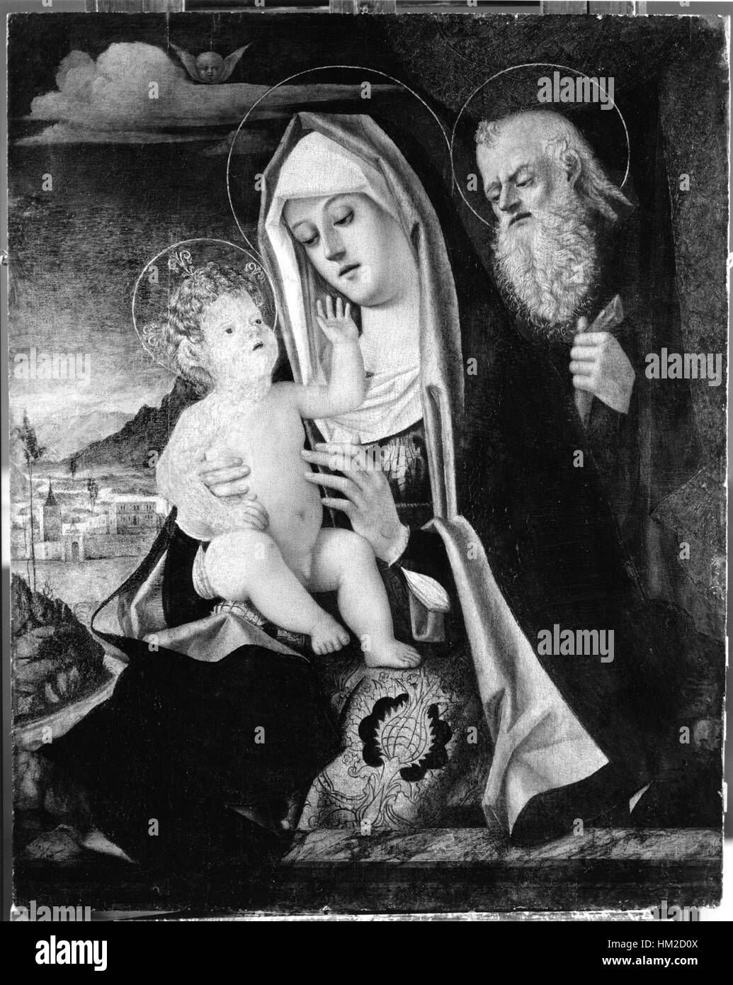 „Die Heilige Familie“ eines italienischen Künstlers ist ein Renaissance-Gemälde, das die Jungfrau Maria, Josef und das Jesuskind zeigt. Dieses im Walters Art Museum untergebrachte Stück zeigt klassische Proportionen und delikates, harmonisches Design. Stockfoto