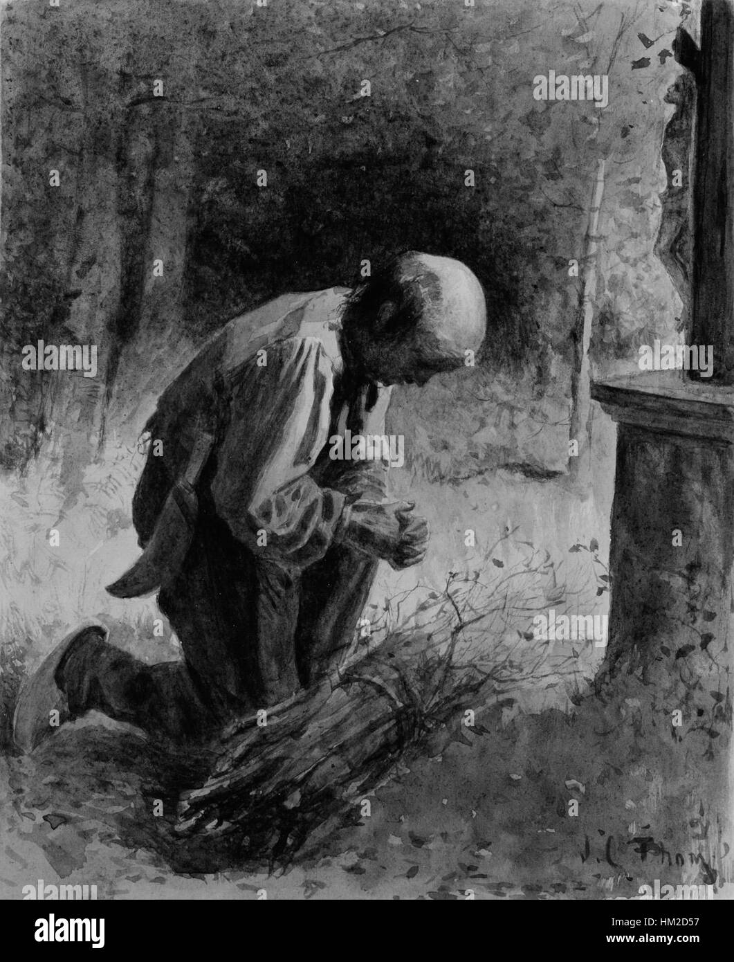 James Crawford Thoms Gemälde „Holzfäller kniend before a Forest Shrine“ zeigt eine einsame Figur in Ehrfurcht vor einem spirituellen Symbol. Die Arbeit reflektiert Themen der Natur, Spiritualität und der menschlichen Verbindung zur Umwelt, die mit Präzision und Liebe zum Detail ausgeführt werden. Stockfoto