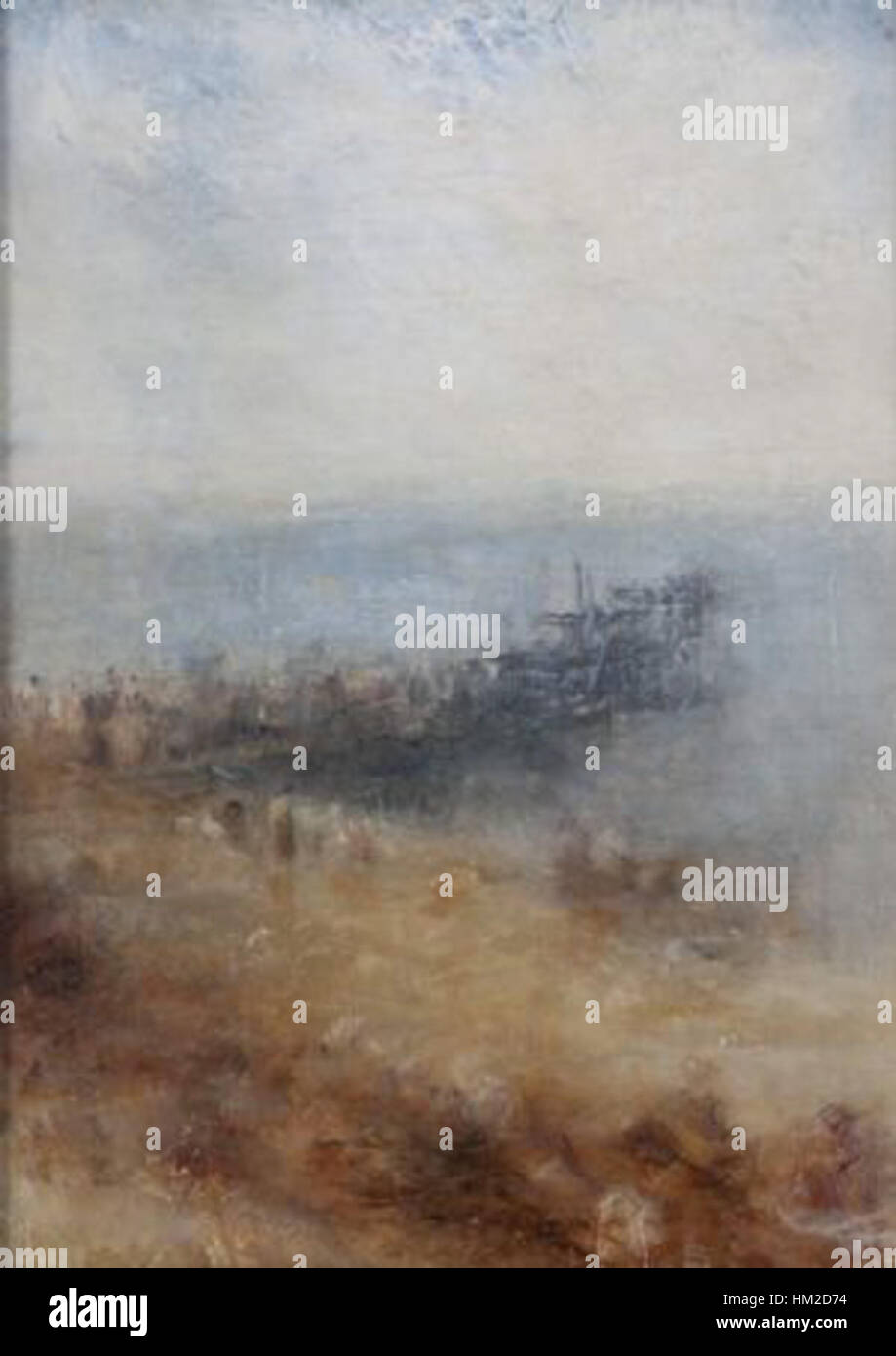 J.M.W. Turners Gemälde „Margate Jetty“ fängt die dynamische Küstenszene am Margate Jetty mit lebhaftem Licht und atmosphärischen Bedingungen ein, die für Turners Meereslandschaft typisch sind. Das Kunstwerk spiegelt Turners Beherrschung der Aufnahme von Licht und Wasser wider, zentrale Themen in seinem Werk. Stockfoto