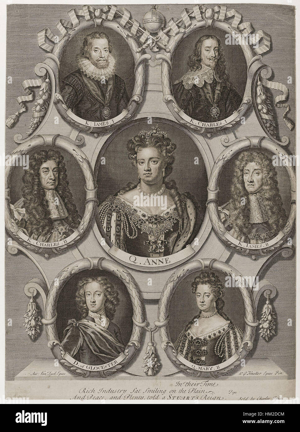 König Jakob i. von England und VI von Schottland; König Charles I; König Charles II; Königin Anne; König James II.; William, Herzog von Gloucester; Queen Mary II von Sir Godfrey Kneller, Bt Stockfoto