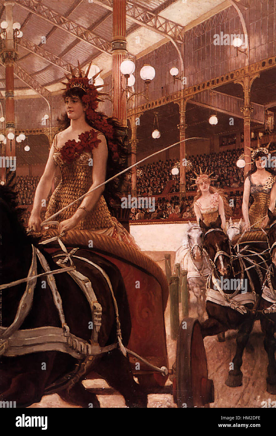 Dieses Ölgemälde von James Tissot mit dem Titel „die Damen der Autos“ zeigt modische Frauen, die im späten 19. Jahrhundert in einer Kutsche fahren. Das Gemälde unterstreicht Tissots Interesse am gesellschaftlichen Leben und der modischen Gesellschaft. Stockfoto