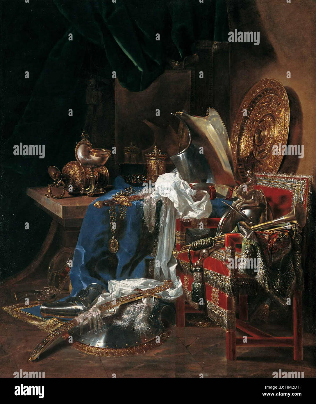 Willem Kalfs „Armes et armures-Le Mans“ ist ein Stillleben-Gemälde mit detaillierten Darstellungen von Wappen und Rüstungen. Das Kunstwerk spiegelt das Interesse des 17. Jahrhunderts an militärischen Artefakten und dekorativen Künsten wider und zeigt die Präzision und das Können des Künstlers, feine Details von Waffen und Rüstungen zu erfassen. Stockfoto