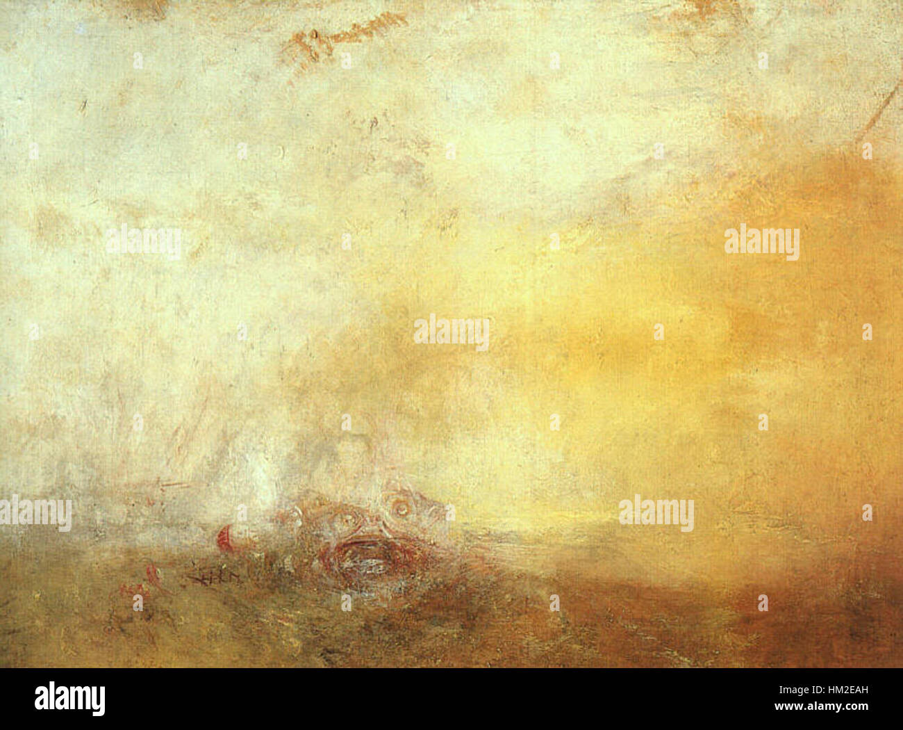 J.M.W. Turners „Sonnenaufgang mit Meeresmonstern“ fängt die dramatische und atmosphärische Energie des Ozeans ein und zeigt Turners Beherrschung von Licht und Bewegung. Das Gemälde präsentiert eine fantastische Szene mit mythischen Meeresbewohnern, die seinen innovativen Ansatz zur Landschaftsmalerei widerspiegelt. Stockfoto