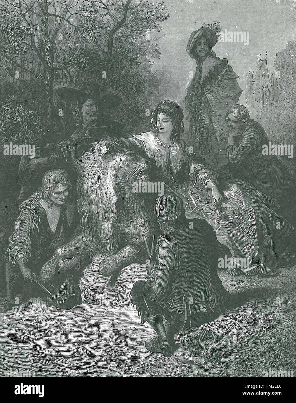 *Le Lion Amoureux* ist ein Kunstwerk, das einen Löwen in einer romantischen, ausdrucksstarken Pose darstellt. Dieses Stück zeichnet sich durch die dynamische Darstellung von tierischer Stärke und emotionaler Tiefe aus, die Realismus mit dramatischer Interpretation in der bildenden Kunst verbindet. Stockfoto