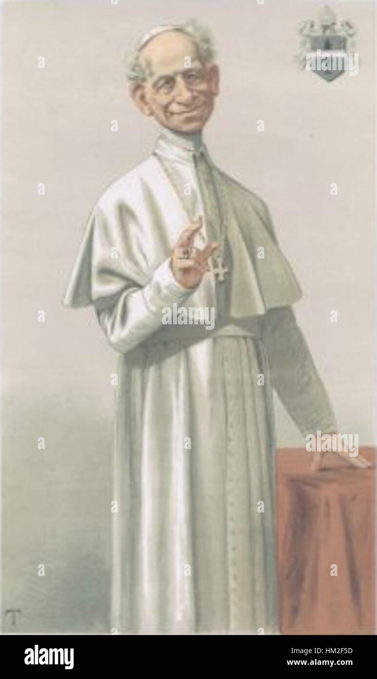 Die Illustration der Vanity Fair vom 18. Mai 1878 zeigt Papst Leo XIII. Dieses satirische Kunstwerk stellt den Papst mit besonderen Merkmalen dar, die den politischen und sozialen Kommentar widerspiegeln, der typisch für die Karikaturen der Vanity Fair im späten 19. Jahrhundert war. Stockfoto