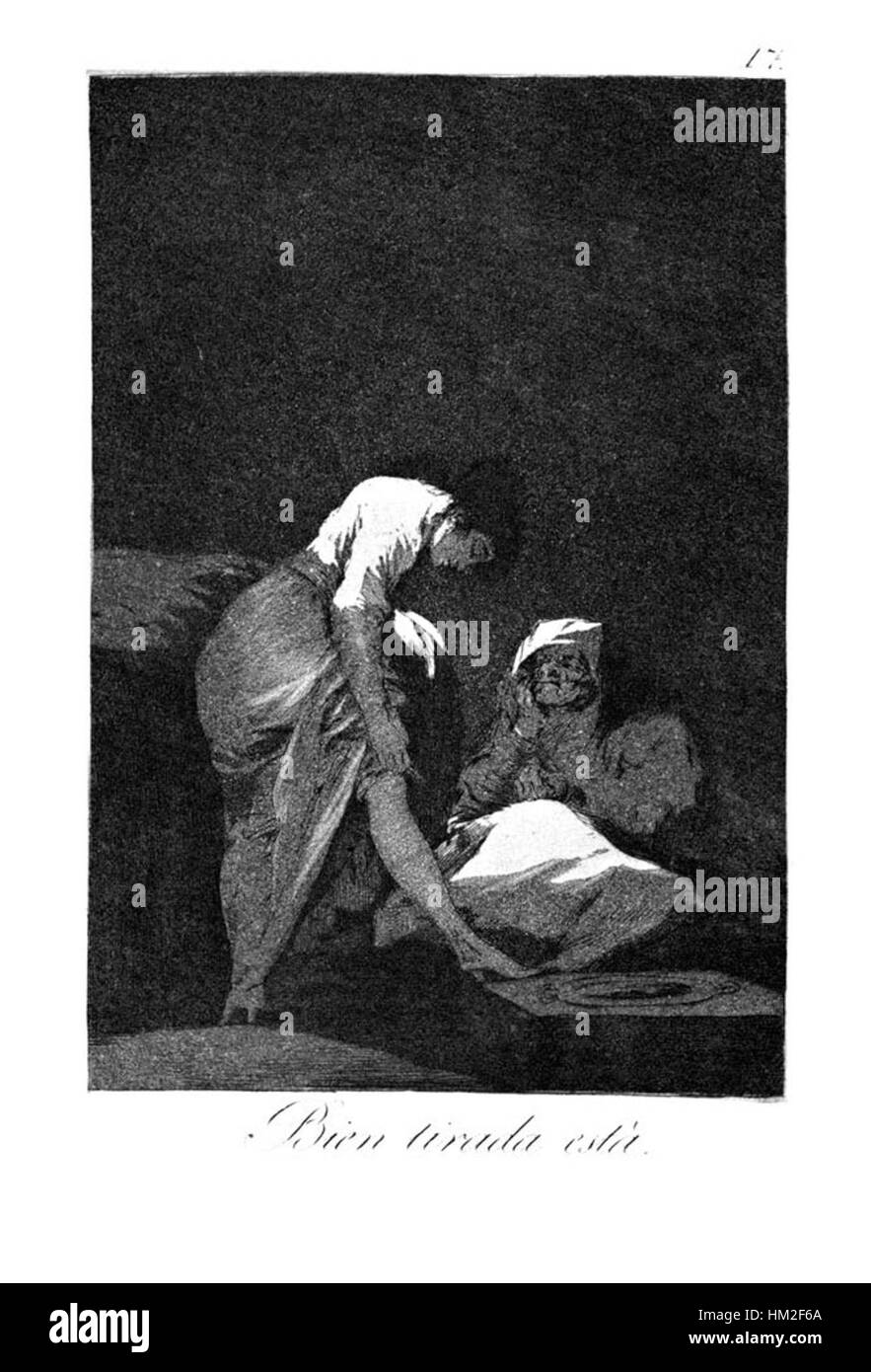 *Caprichos* (17) von Francisco Goya ist ein Druck aus seiner bekannten Serie, der soziale Normen und die menschliche Natur kritisiert und surreale Bilder und düstere Kommentare über die spanische Gesellschaft im späten 18. Jahrhundert kombiniert. Stockfoto