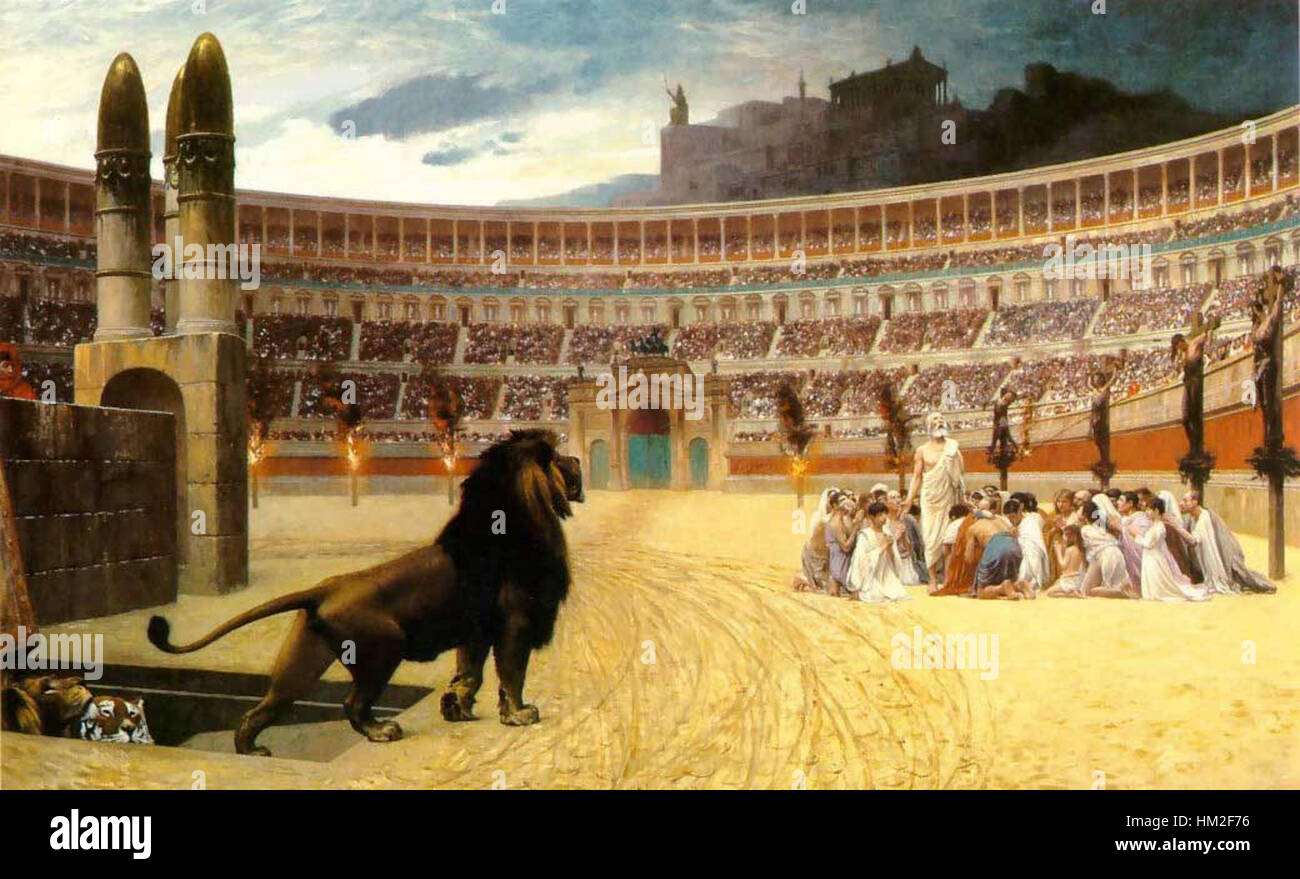 Das letzte Gebet der christlichen Märtyrer ist ein dramatisches Ölgemälde, das die letzten Momente der christlichen Märtyrer vor ihrer Hinrichtung darstellt. Das Kunstwerk fängt ihre feierlichen Gebete und ihren unerschütterlichen Glauben ein und betont Themen wie Opfer und religiöse Hingabe. Stockfoto