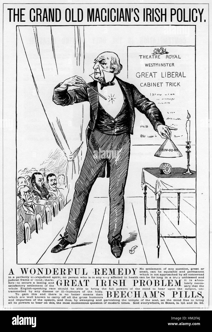 BEECHAMS Pillen eine 1886-Anzeige in der Illustrated London News Krawatten in Premierminister Gladstone, die Frage der irischen Unabhängigkeit und das Produkt, während andere Politiker sehen Stockfoto