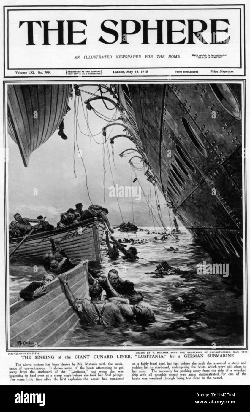 LUSITANIA Frontabdeckung der UK Magazin The Kugel für 18. Mai 1915 zeigt ihre Versenkung durch deutsches u-Boot u-20 am 7. Mai Stockfoto
