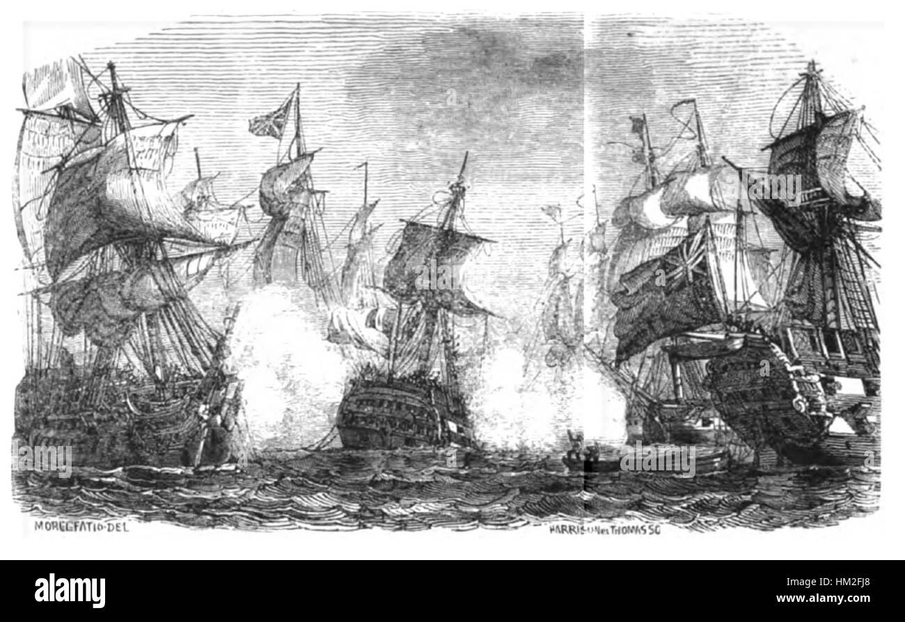 „La Marine“ von Pacini ist ein maritimes Gemälde aus dem 19. Jahrhundert. Das Kunstwerk beleuchtet das Leben der Marine und zeigt Schiffe in Aktion auf dem Wasser, die die Majestät und Macht des Meeres in seiner Darstellung von Militärschiffen und der Weite des Meeres einfangen. Stockfoto