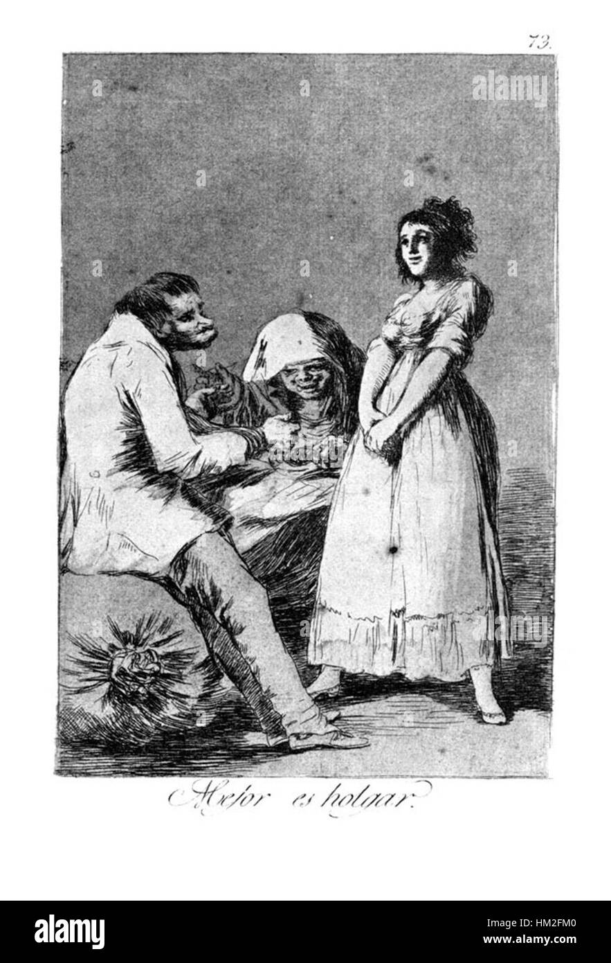 Dieses Stück aus Francisco Goyas „Caprichos“-Serie (Nr. 73) zeigt eine satirische, surreale Szene, die charakteristisch für Goyas Kommentar zur spanischen Gesellschaft ist. Die Ätzung zeigt eine symbolische und übertriebene Sicht auf menschliche Torheit und die Laster der Zeit. Stockfoto