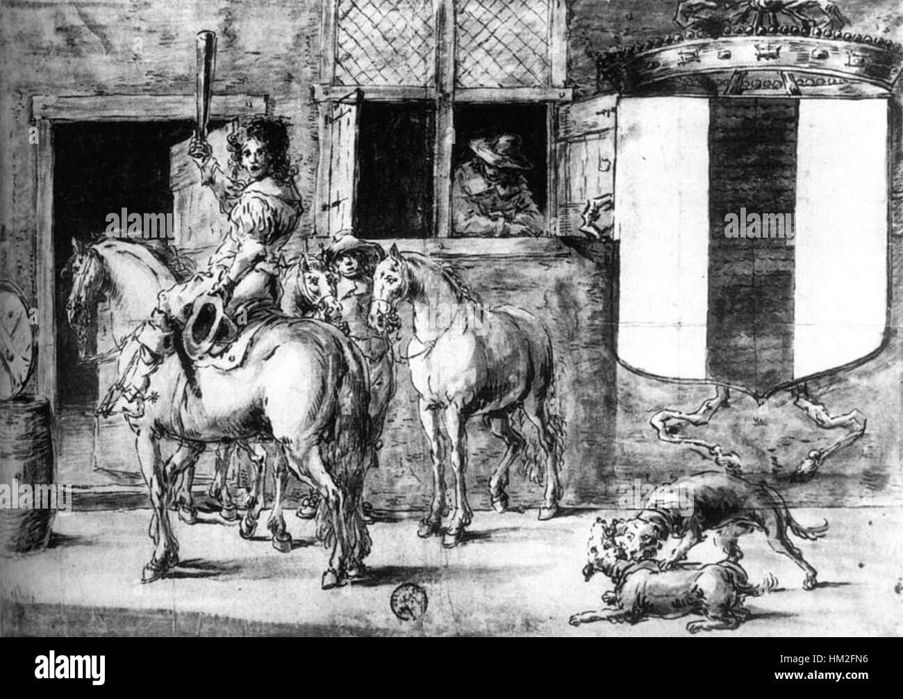 "Soldaten mit Pferden vor einem Haus" von Leonaert Bramer, ein niederländisches Gemälde aus dem 17. Jahrhundert. Es zeigt Bramers Geschick in der Darstellung militärischer Szenen, mit Liebe zum Detail in den Figuren und der umgebenden Architektur. Stockfoto