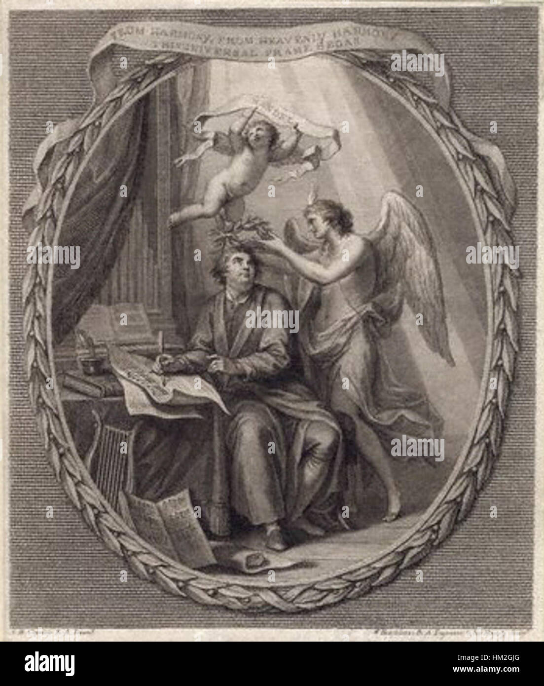 Dieses Porträt von Händel Lorbeeren zeigt den Komponisten auf königliche, historische Weise und veranschaulicht seine Prominenz in der klassischen Musikwelt. Das Porträt unterstreicht sein Erbe und seinen Beitrag zur westlichen Musikgeschichte. Stockfoto