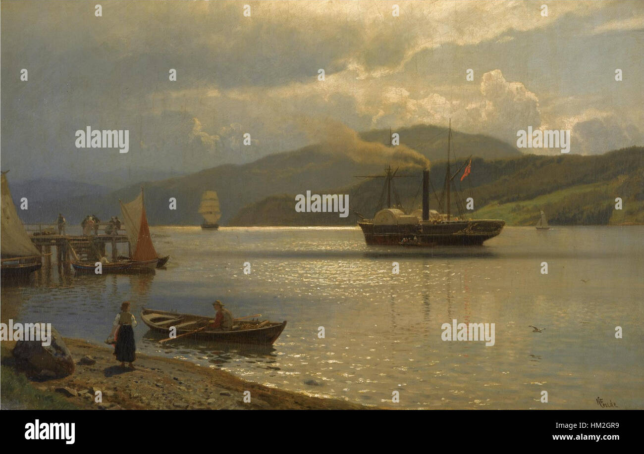 Hans Gudes Landskapet ist ein Landschaftsgemälde aus dem 19. Jahrhundert, das für seine realistische Darstellung natürlicher Landschaften bekannt ist. Die Arbeit betont die Ruhe und Schönheit der nordischen Umgebung und erfasst Licht und Schatten mit meisterhafter Präzision. Stockfoto