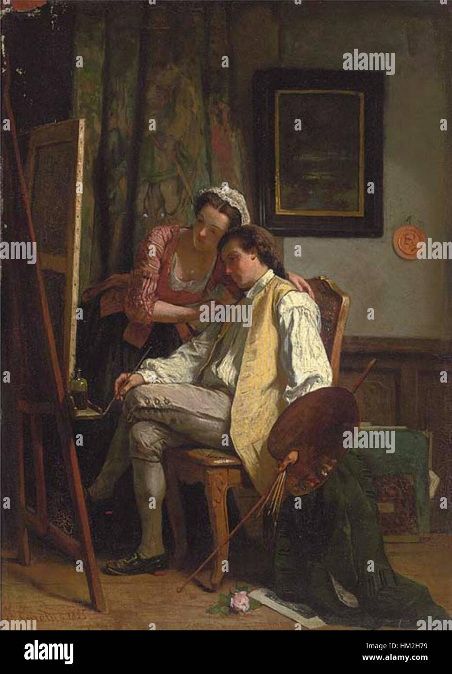 *Der letzte Schliff* von Jean Carolus, gemalt 1855, ist eine Öltafel, die einen Moment der feinen Details in einem künstlerischen oder handwerklichen Prozess darstellt. Das Gemälde spiegelt Carolus' Geschick wider, intime, detailreiche Momente mit Präzision festzuhalten. Stockfoto