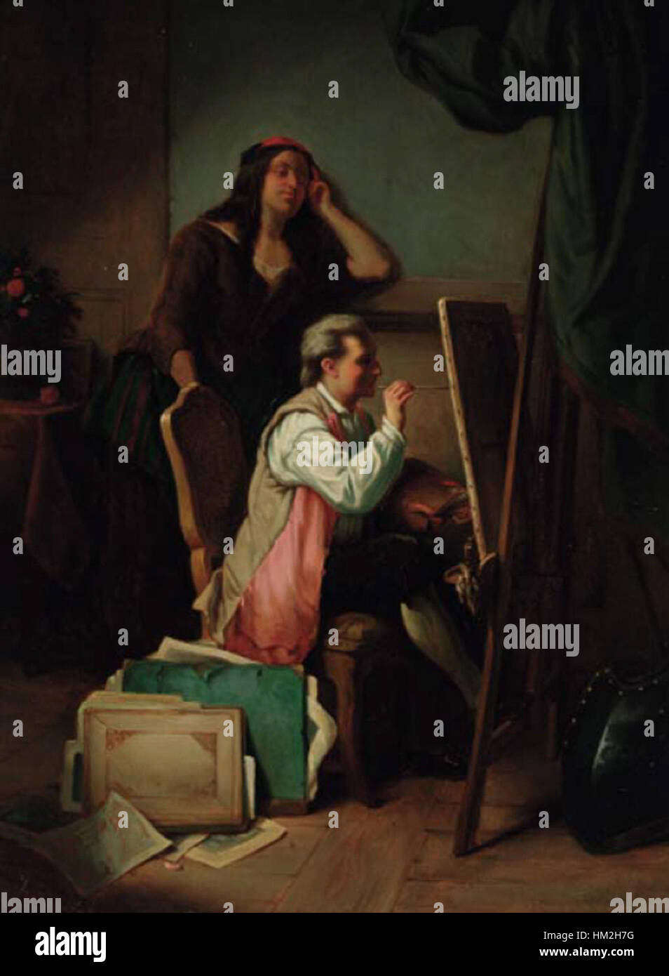 Jean Carolus’ Gemälde „L’Atelier du peintre“ (das Atelier des Malers) ist ein schönes Beispiel europäischer Kunst des 19. Jahrhunderts, die in Öl auf Tafeln dargestellt wurde. Das Werk zeigt eine Studioszene mit reichen Details und intimer Atmosphäre. Stockfoto