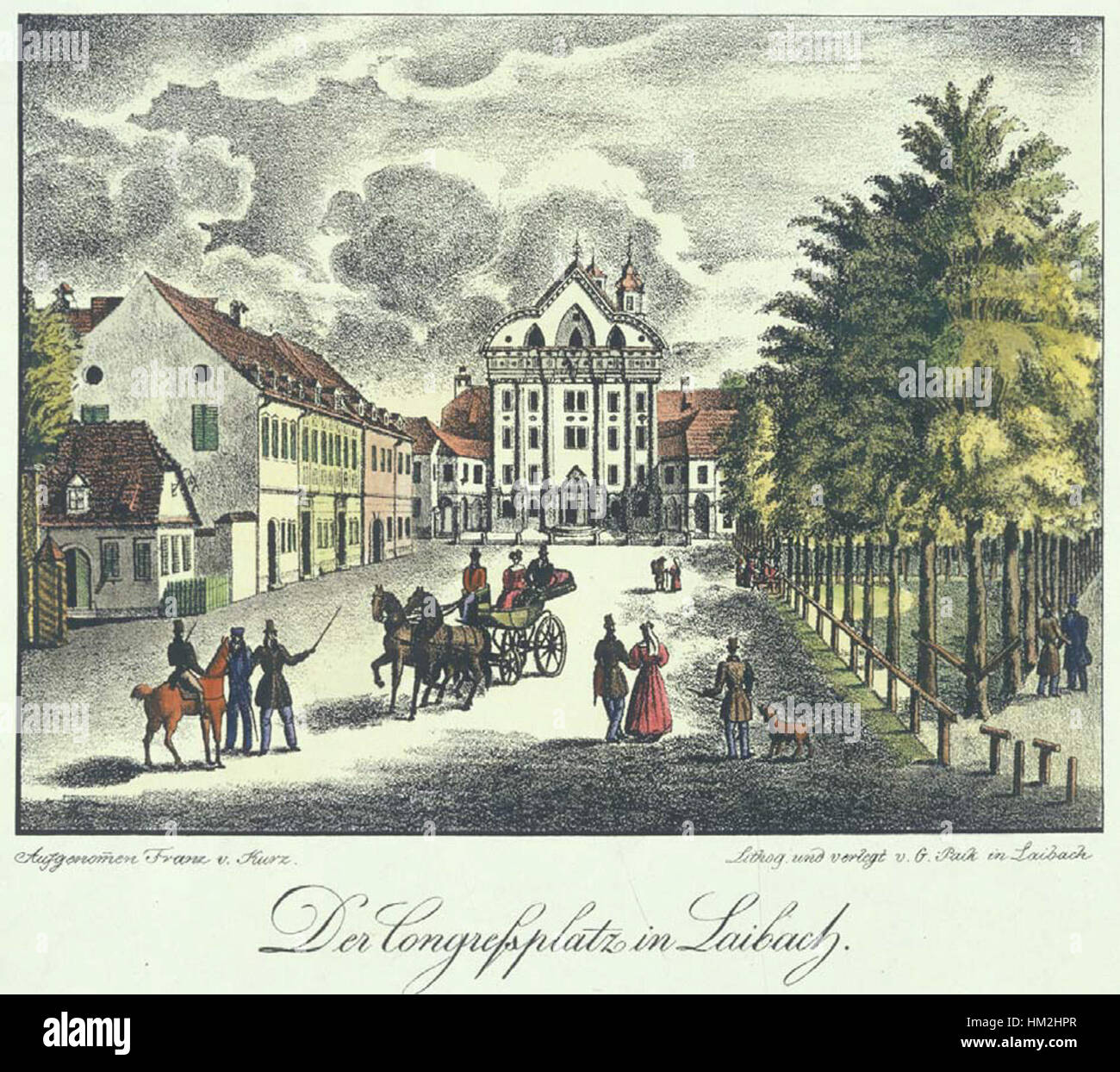 Jurij Pajks Gemälde „Kongresni trg V Ljubljani“ fängt das Wesen des Kongressplatzes in Ljubljana, Slowenien, ein und unterstreicht dessen architektonische und historische Bedeutung. Stockfoto