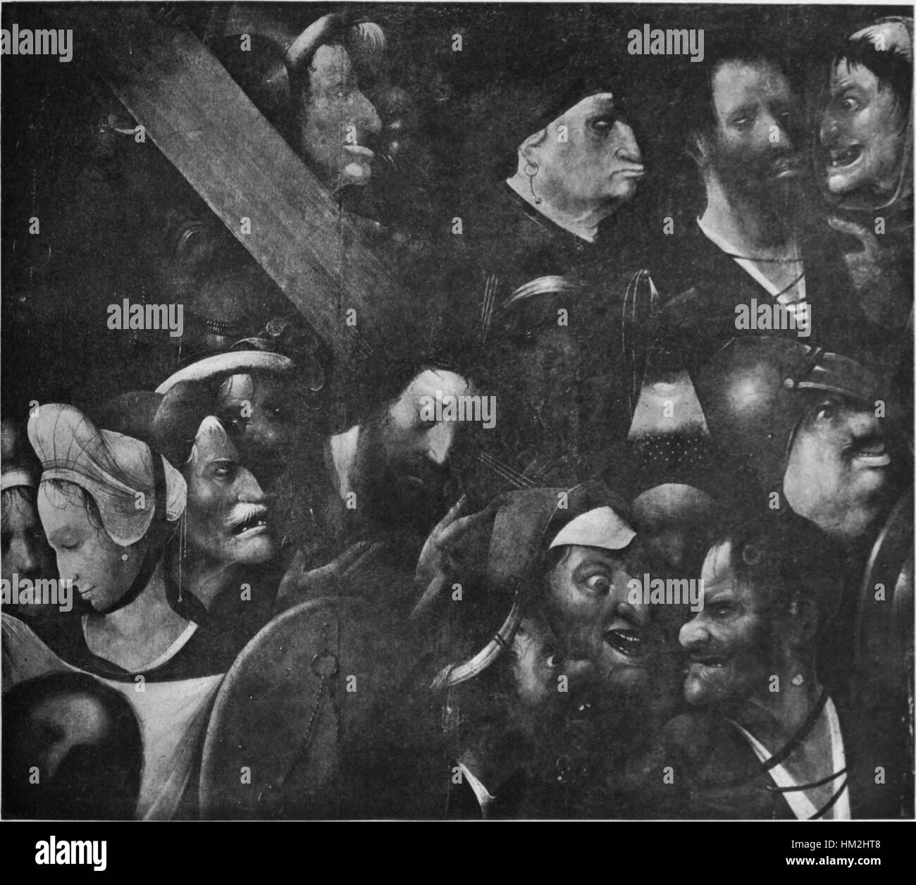 Dieses Schwarzweiß-Werk, das Jheronimus Bosch oder einem seiner Anhänger zugeschrieben wird, zeigt seinen unverwechselbaren Stil surrealer und fantastischer Bilder. Boschs Kunst ist bekannt für seine komplexen und symbolischen Darstellungen von Moral und vermittelt oft tiefere moralische und spirituelle Botschaften durch bizarre und surreale Szenen. Stockfoto