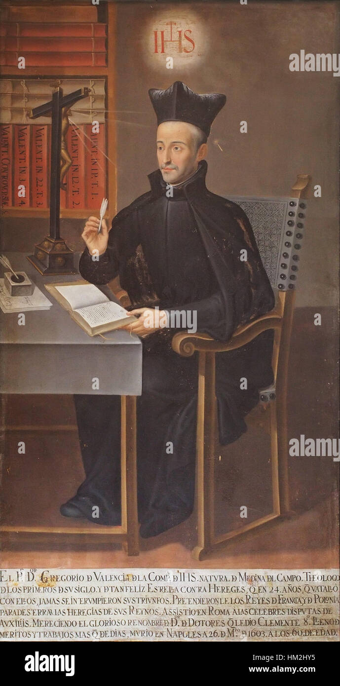 Ein Gemälde von Gregorio de Valencia, das religiöse Themen und Szenen aus dem spanischen Barock illustriert. Das Kunstwerk zeigt die Verwendung von Licht und Schatten, die für den barocken Stil charakteristisch sind. Stockfoto