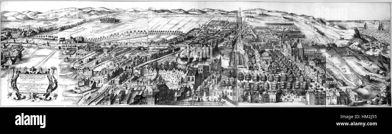 Jan van Londerseels *Bird Eye's View of the Haag and Scheveningen* bietet eine Top-down-Perspektive dieser niederländischen Städte und bietet einen detaillierten Panoramablick auf ihre urbanen Landschaften und Küstenmerkmale. Stockfoto
