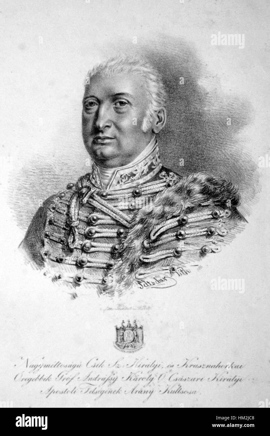 Eine Lithografie von Karl Graf Andrassy, die eine historische Figur oder Szene mit detaillierten Gravurtechniken darstellt. Dieses Kunstwerk repräsentiert den raffinierten lithographischen Stil des 19. Jahrhunderts. Stockfoto