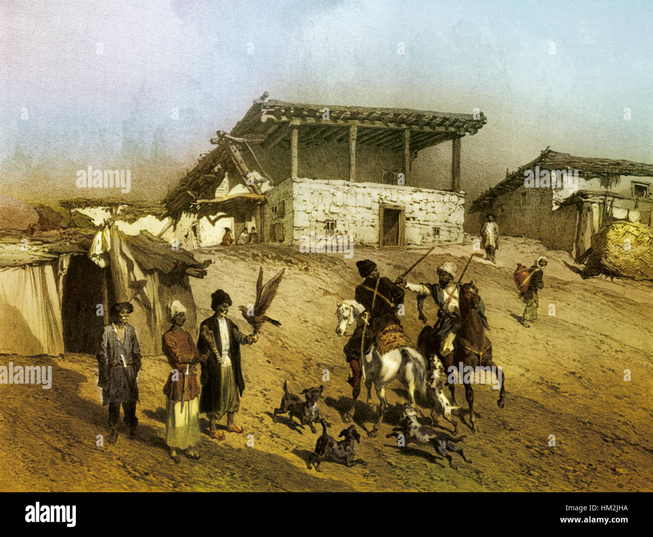 Dieses Gemälde von Grigori Gagarin zeigt die Moschee von Yarag in Daghestan, Russland. Sie zeigt die architektonische Schönheit und kulturelle Bedeutung der Moschee in der Region. Die Arbeit beleuchtet die islamische Architektur und ihren historischen Kontext im Kaukasus. Stockfoto
