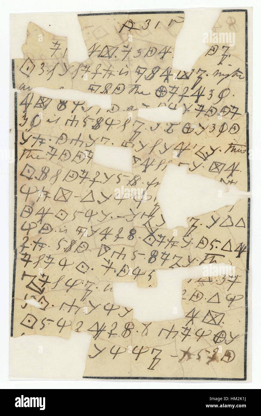 Dieser Brief, geschrieben in Chiffre von Rose Greenhow, einer amerikanischen Spionin während des Bürgerkriegs, ist als historisches Dokument erhalten. Der Brief, geschrieben auf Trauerpapier, trägt zur Intrige um Spionage während des Krieges bei. Stockfoto