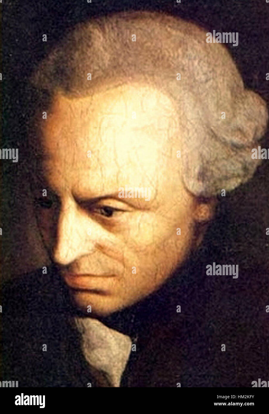 Ein gemaltes Porträt von Immanuel Kant, dem einflussreichen deutschen Philosophen, das seine intellektuelle Prominenz und Bedeutung auf dem Gebiet der Philosophie hervorhebt. Das Werk fängt seinen nachdenklichen Ausdruck und sein wissenschaftliches Verhalten ein. Stockfoto