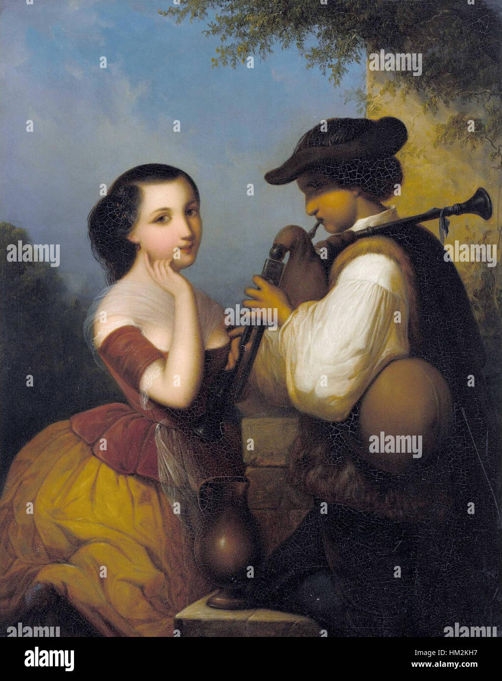 Henri Charles Antoine Barons „La Concert Rustique“ ist ein klassisches Ölgemälde, das das ländliche Leben in einer musikalischen Versammlung zeigt. Das Stück ist ein schönes Beispiel französischer ländlicher Kunst des 19. Jahrhunderts. Stockfoto