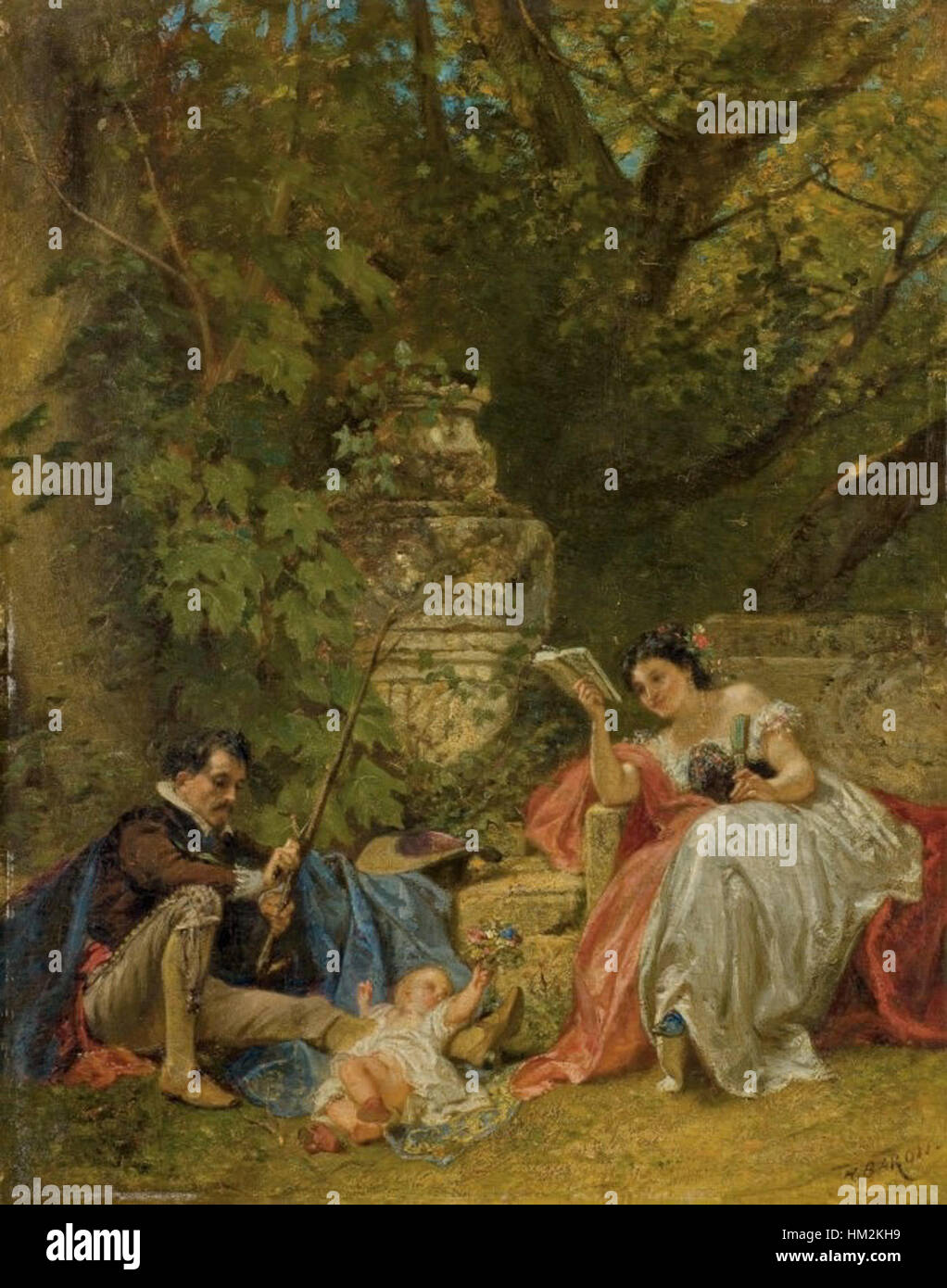 „Inouciance“ von Henri Charles Antoine Baron veranschaulicht die französische Kunst des 19. Jahrhunderts mit seiner eleganten Darstellung einer unbeschwerten Figur in einer üppigen, natürlichen Umgebung, die sowohl Eleganz als auch ruhige Schönheit einfängt. Stockfoto