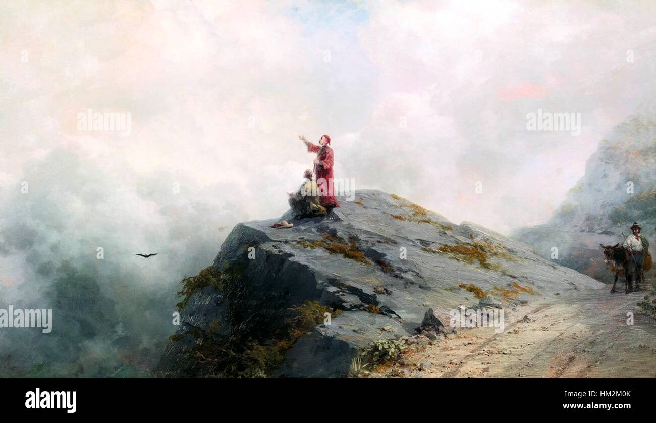 In diesem Ölgemälde „Dante zeigt einen Künstler einige ungewöhnliche Wolken“ erforscht der russische Künstler Ivan Aivazovsky eine surreale und traumhafte Szene, in der Dante auf mysteriöse Wolken trifft. Aivazovsky ist bekannt für seine meisterhafte Darstellung des Meeres und verleiht seinem Stil eine fantasievolle Note. Stockfoto