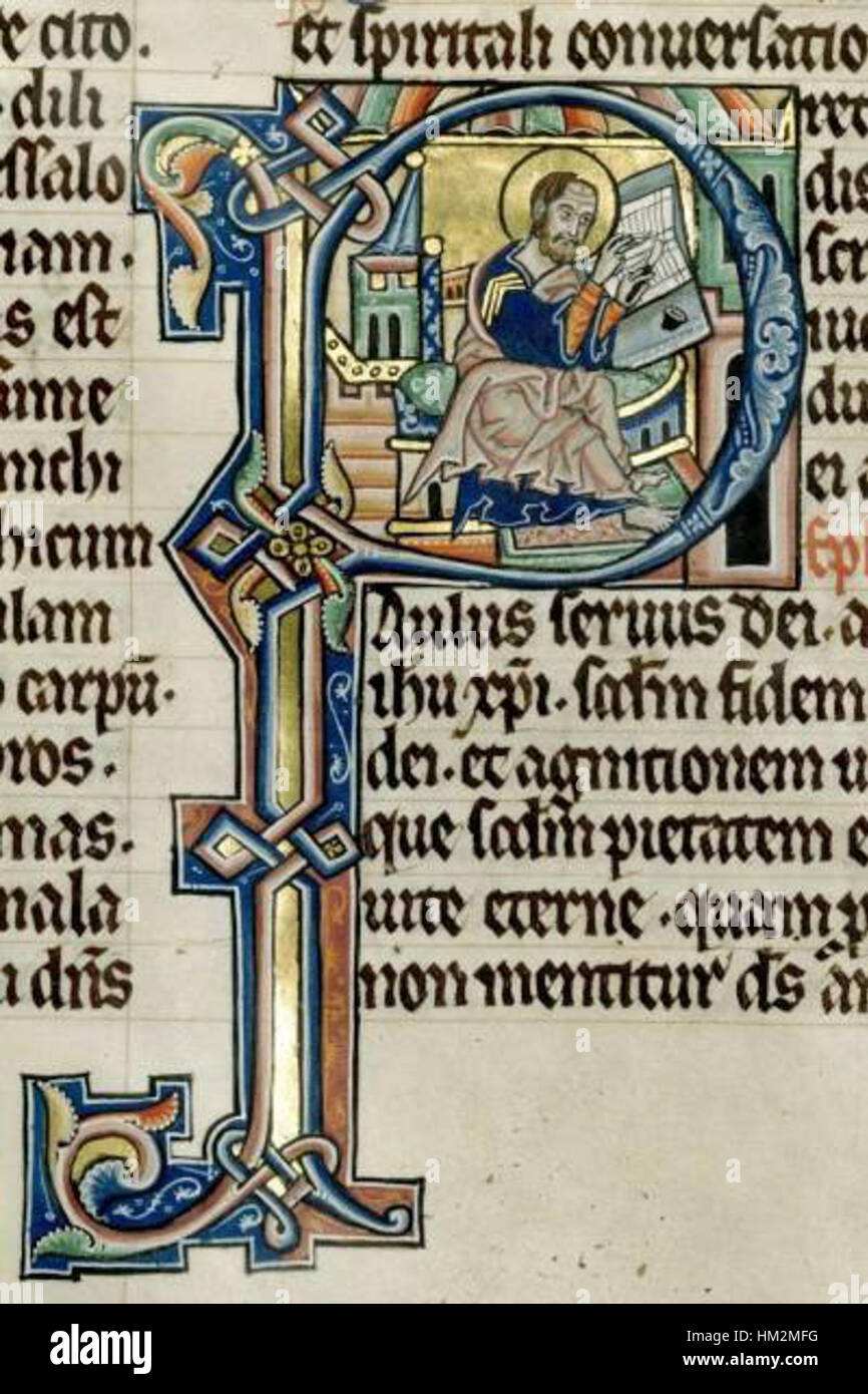 Eine Seite aus der Hamburger Bibel, GKS 4 Vol. III f165r1, die beleuchtete mittelalterliche Handschriftenkunst mit religiösen Themen und komplizierten Entwürfen zeigt. Stockfoto Eine Seite aus der Hamburger Bibel, GKS 4 Vol. III f165r1, die beleuchtete mittelalterliche Handschriftenkunst mit religiösen Themen und komplizierten Entwürfen zeigt. Stockfoto