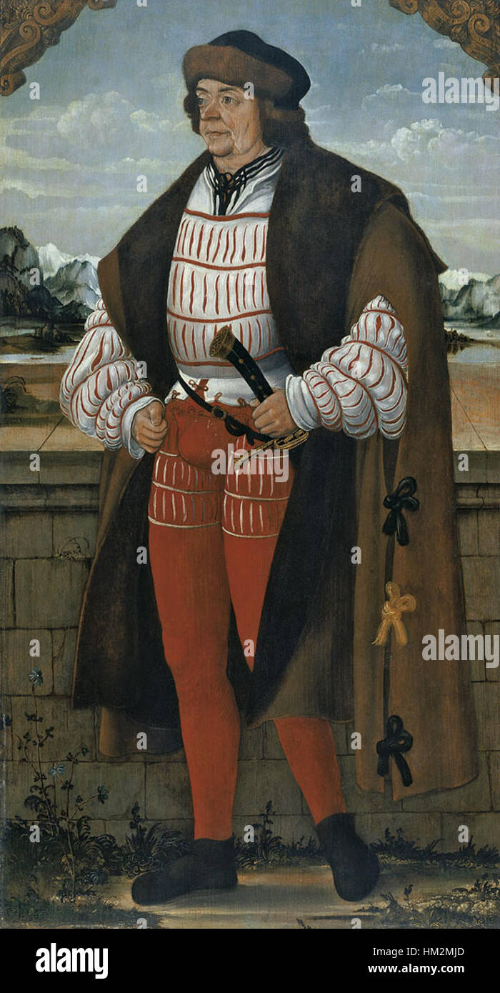 „Jester Knight Christoph“ von Hans Wertinger (1515) ist ein ikonisches Renaissancemalbild, das den verspielten, aber edlen Charakter eines Narren darstellt. Das Werk ist im Thyssen-Bornemisza Museum in Madrid untergebracht und veranschaulicht den humanistischen Ansatz der Renaissance-Porträts. Stockfoto