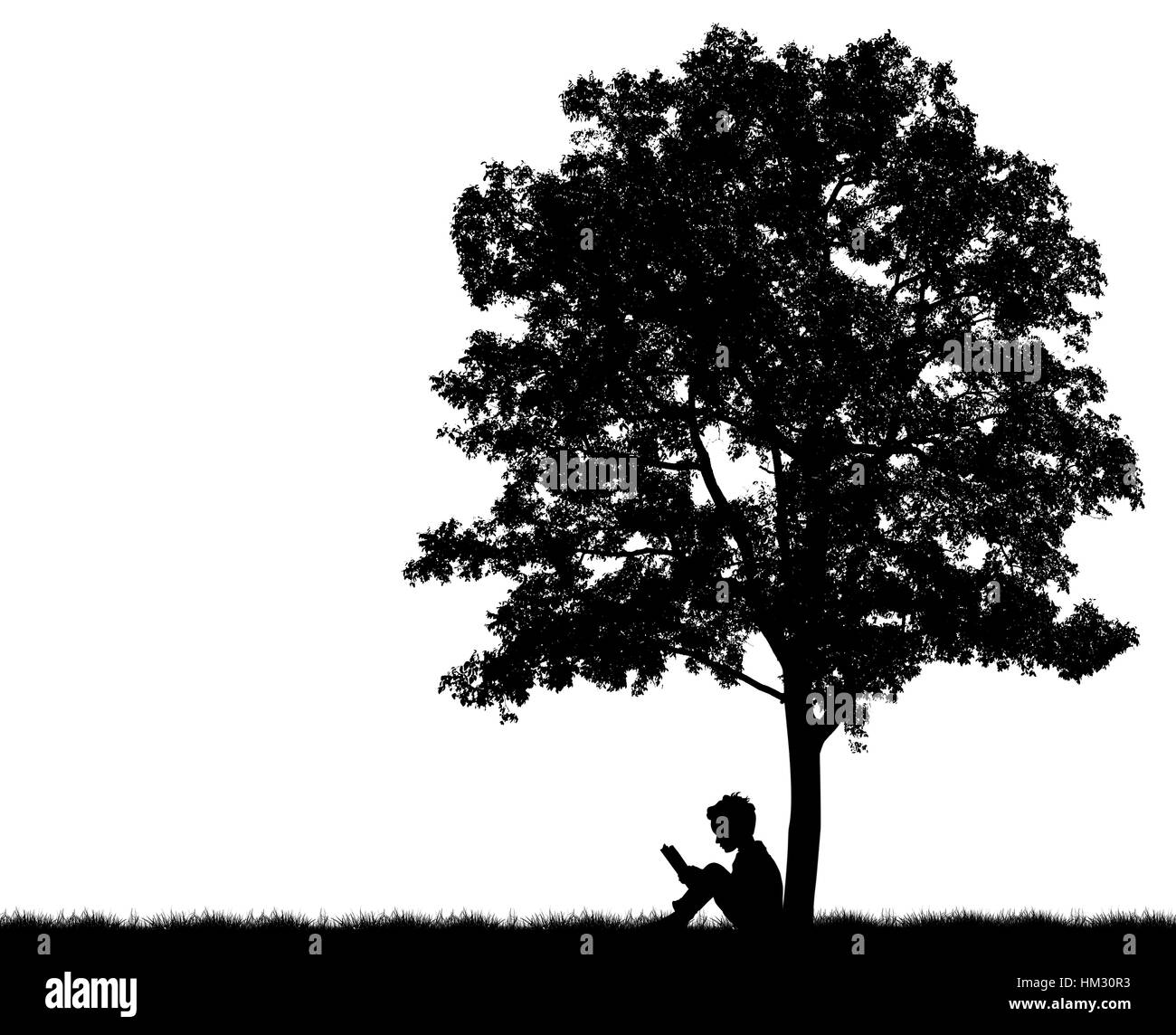 Silhouetten von Kindern lesen Buch unter Baum Stockfoto