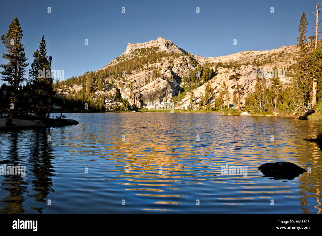CA02945-00... Kalifornien - Licht des frühen Morgens auf der Upper Cathedral Lake auf den John Muir Trail im Yosemite National Park. Stockfoto