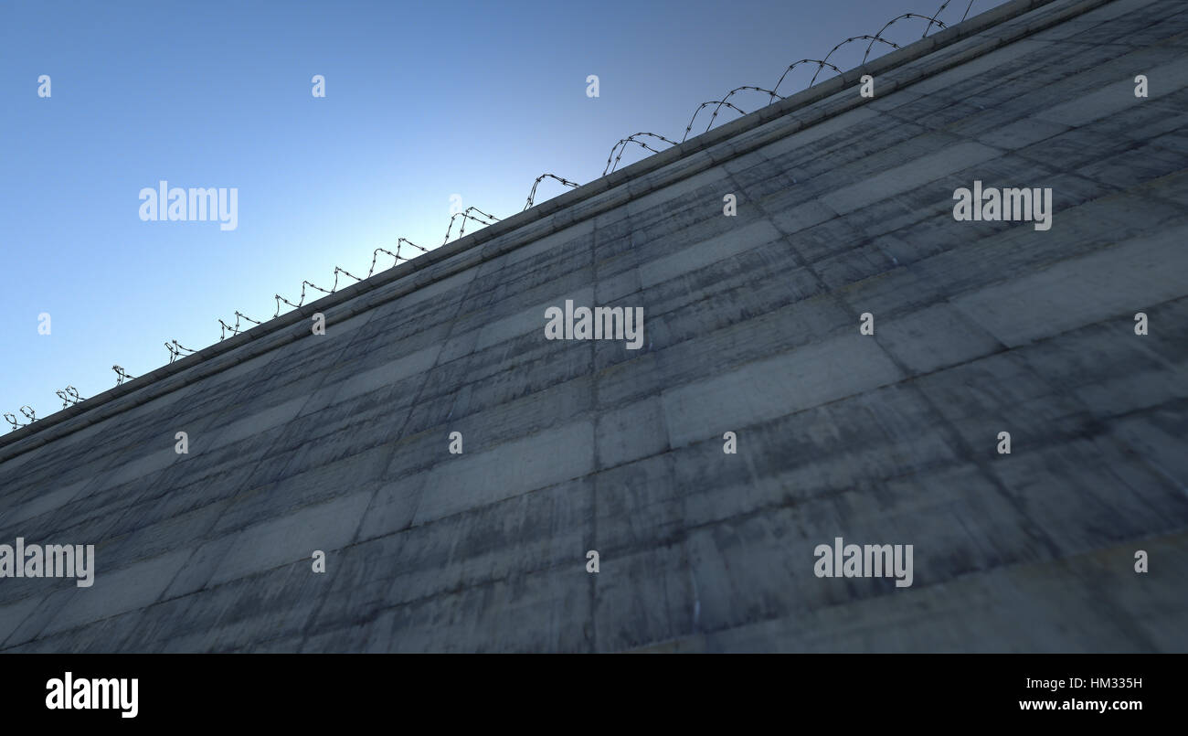 Ein 3D Rendering einer massiv Beton Hochsicherheits-Wand garniert mit Stacheldraht auf blauen Himmelshintergrund Stockfoto