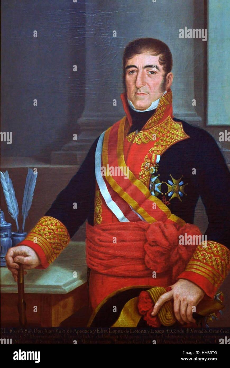 Juan Ruiz de Apodaca, Graf von Venadito, wird in einem formellen Porträt dargestellt, das seinen aristokratischen Status und seine Rolle in der spanischen Geschichte feststellt. Das Kunstwerk spiegelt die Eleganz und Herrlichkeit des spanischen Adels aus dem 18. Jahrhundert wider. Stockfoto