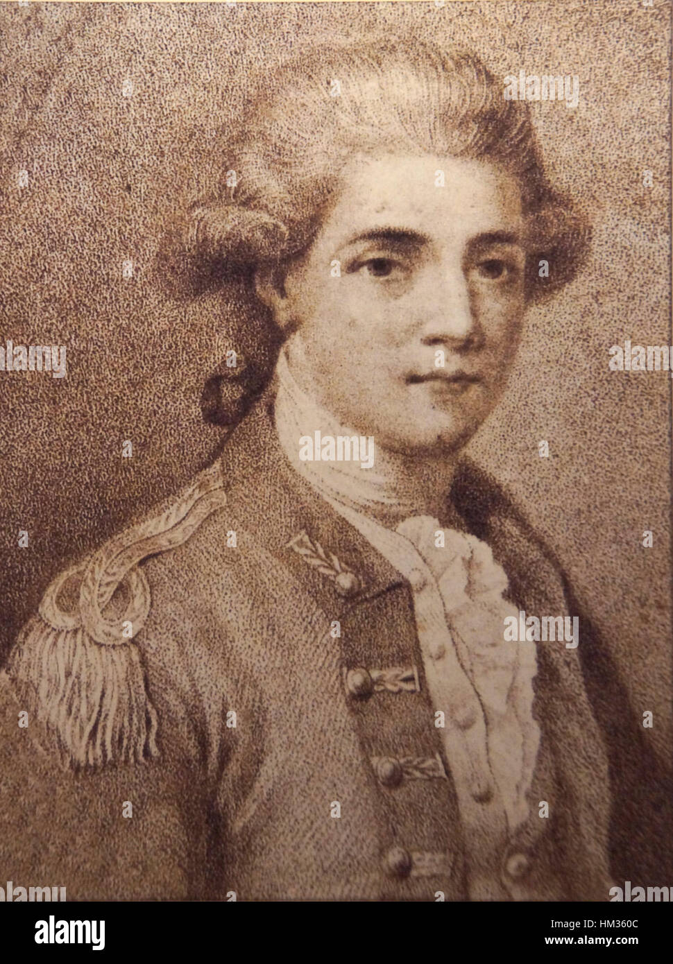 John André, ein Offizier der britischen Armee während des Amerikanischen Unabhängigkeitskrieges, ist in diesem historischen Porträt dargestellt. Seine Beteiligung an der Gefangennahme des amerikanischen Generals Benedict Arnold und seine anschließende Hinrichtung ist ein bemerkenswerter Moment in der frühen amerikanischen Geschichte. Stockfoto