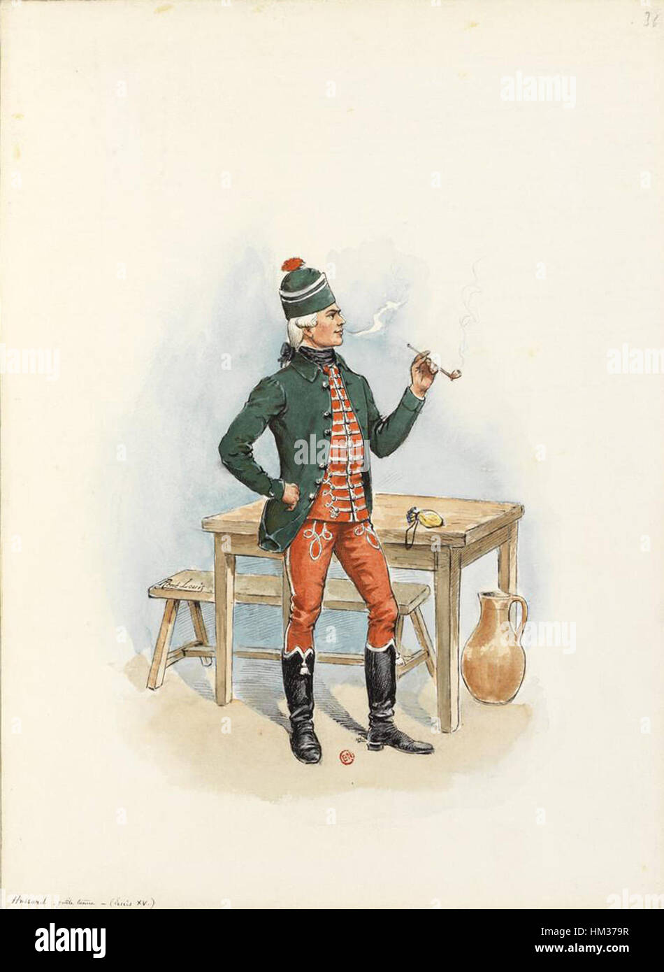 Dieses Gemälde mit dem Titel „Hussard de Saxe en petite tenue sous Louis XV.“ zeigt einen Husarensoldaten aus Sachsen während der Regierungszeit Ludwigs XV. Der Soldat trägt die leichtere, weniger formale Kleidung der Zeit und spiegelt die Militärmode des 18. Jahrhunderts wider. Stockfoto