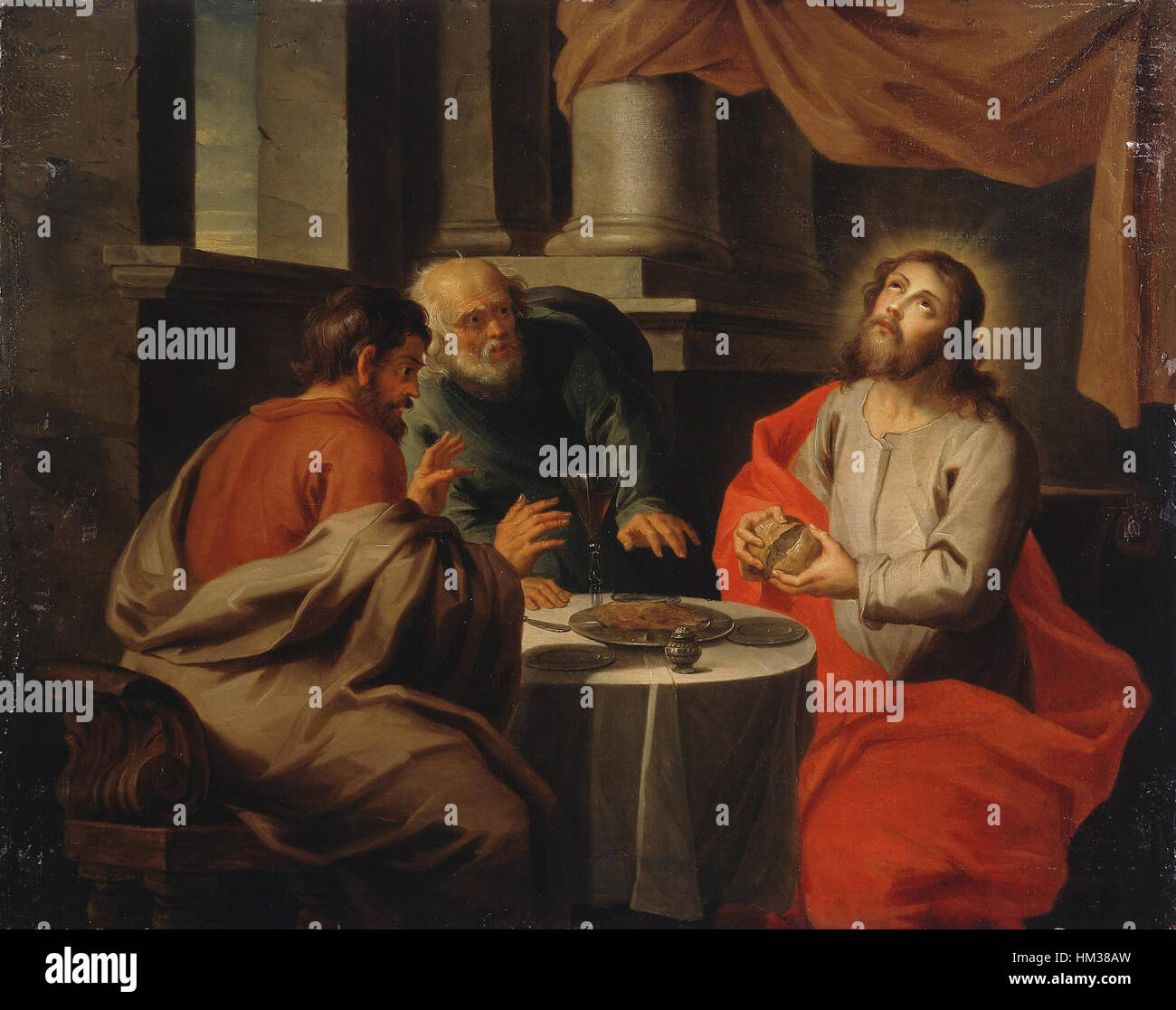 Dieses Gemälde von Jacob Andries Beschey, „Christus und seine Jünger in Emmaus“, zeigt die biblische Szene aus dem Lukasevangelium. Es fängt den Moment ein, in dem Christus zwei seiner Jünger nach seiner Auferstehung seine Identität offenbart. Stockfoto