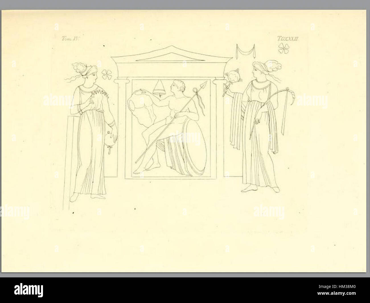 „Pitture di vasi fittili“, Band 4, von Inghirami (1837), veranschaulicht alte Töpfertechniken und Vasenmaltechniken. Dieses historische Werk betont die zarte Kunst der Vasendekoration in der Antike und spiegelt die Kultur und das Handwerk der damaligen Zeit wider. Die Kunstsammlung ist ein wichtiges historisches Dokument zum Verständnis der antiken Keramikkunst und der Rolle des visuellen Erzählens in antiken Zivilisationen. Stockfoto