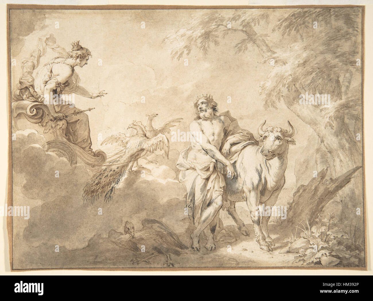 *Jupiter and IO* von Godfried Maes ist eine Illustration aus *Metamorphosen* von Ovid, die die mythologische Transformation von IO durch Jupiter darstellt. Das Kunstwerk vermittelt klassische Themen der Mythologie und göttlichen Interaktion. Stockfoto